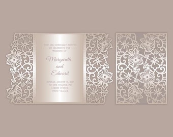 Plantilla de invitación de boda plegable Floral Gate - Sobre cortado en papel láser - SVG, DXF, AI Silhouette Cameo - Archivos Cricut - Descarga instantánea