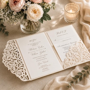 Può includere: Invito di nozze avorio con intricati dettagli floreali tagliati al laser. L'invito è aperto, rivelando i dettagli del matrimonio, le informazioni RSVP e i dettagli dell'alloggio. Una candela accesa e un vaso di fiori sono sullo sfondo.
