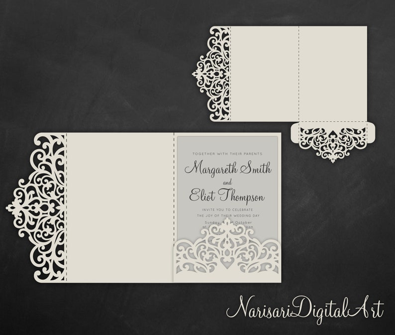 Tri-Fold 5x7 Wedding Invitation Pocket Envelope SVG Template, Quinceanera card, laser cut file, Silhouette Cameo, Cricut image 1