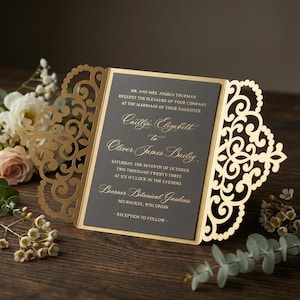 Ornate Gate-fold Wedding Invitation laser cut 5x7 Card Template, SVG DXF cutting file, Silhouette Cameo, Cricut Digital download