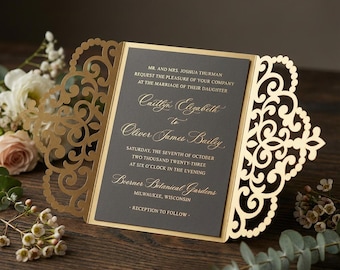 Ornate Gate-fold Wedding Invitation laser cut 5x7 Card Template, SVG DXF cutting file, Silhouette Cameo, Cricut Digital download