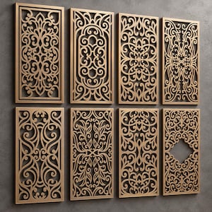 May include: Eight rectangular wall panels featuring intricate laser-cut scrollwork and filigree patterns in a metallic gold finish. Each panel displays a unique, symmetrical design with swirling motifs, arranged in two rows of four on a gray wall.