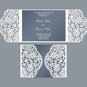 5x7 5x5 Gate-fold Wedding Invitation laser cut Card Template, AI SVG DXF fichier de découpe, Silhouette Cameo, Cricut Téléchargement numérique