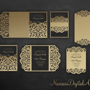 Ensemble d’invitations de mariage découpées au laser, modèle Cricut, Gate Fold, Enveloppe de poche à trois plis, Bellyband, Menu, SVG, DXF, Silhouette Cameo
