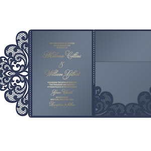 Tri Fold 5x7 Hochzeitseinladung Taschenumschlag SVG-Vorlage, ornamentales Spitzendesign, Laserschnittdatei, Silhouette Cameo, Cricut-Schneiddateien