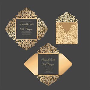 Laser Cut Wedding Invitation Four-fold envelope SVG Templates, Quinceanera Invitation, Vector cut file Silhouette Cameo, Cricut