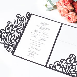 Tri Fold 5x7 Wedding Invitation Pocket Envelope SVG Template, ornamental lace design, laser cut file, Silhouette Cameo, Cricut cutting files