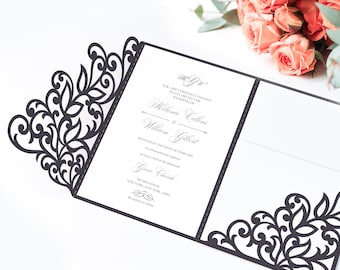 Tri Fold 5x7 Wedding Invitation Pocket Envelope SVG Template, ornamental lace design, laser cut file, Silhouette Cameo, Cricut cutting files
