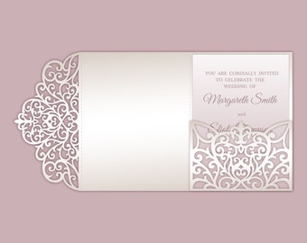 Tri Fold 5x7 Wedding Invitation Pocket Envelope SVG Template, ornamental lace edge design, laser cut file, Silhouette Cameo, Cricut