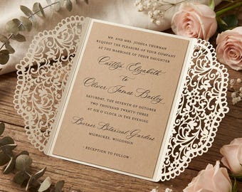 5x7 Gate-fold Wedding Invitation laser cut Card Template, Ornate lace SVG DXF cutting file, Silhouette Cameo, Cricut Digital download