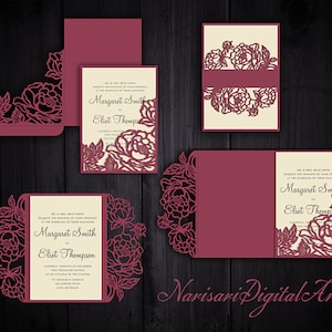 Pfingstrosen-Set, Cricut-Hochzeitseinladungsvorlage, Torfalte / dreifach gefalteter Taschenumschlag / Bauchband. SVG-Schneiddateien, Laserschnitt