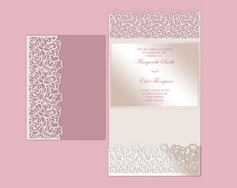 Tri Fold 5x7 Wedding Invitation Landscape Pocket Envelope SVG Template, ornamental lace design, laser cut file, Silhouette Cameo, Cricut