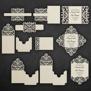 Invitation de mariage découpée au laser Set Cricut Templates, Gate Fold, Bellyband, Four Fold, Card Frame, RSVP SVG, DXF, Silhouette Cameo