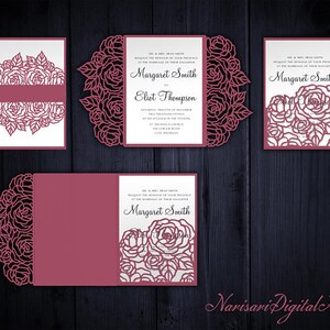 Rosen Set Cricut Hochzeitseinladungsvorlage Gate Fold / dreifach gefalteter Taschenumschlag / Bauchband. SVG-Schneiddateien, Laserschnitt