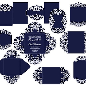 Großes Set Cricut-Hochzeitseinladungsvorlage, Klappkarte/Umschlag/Bauchband. Menü, RSVP-Karte SVG, DXF, Silhouette Cameo, Laserschnitt