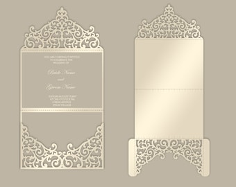 Horizontal Tri Fold 5x7 Wedding Invitation Pocket Envelope SVG Template, ornamental design, laser cut file, Silhouette Cameo, Cricut cutting