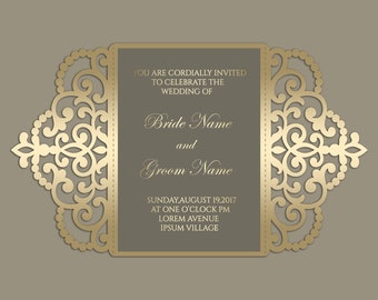 Ornate Gate-fold Wedding Invitation laser cut 5x7 Card Template, SVG DXF cutting file, Silhouette Cameo, Cricut Digital download