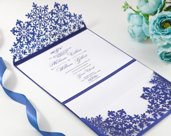 Snowflakes Tri Fold 5x7 Winter Wedding Invitation Pocket Envelope SVG Template, lace design, laser cut file, Silhouette Cameo, Cricut