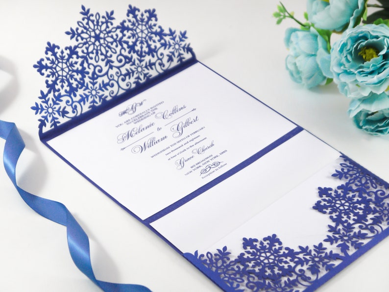 Snowflakes Tri Fold 5x7 Winter Wedding Invitation Pocket Envelope SVG Template, lace design, laser cut file, Silhouette Cameo, Cricut image 1