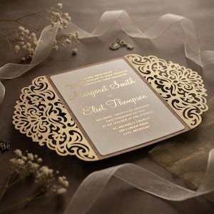 Convite de casamento ornamental 5x7'' com abertura dobrável, para festa de debutante, corte a laser, arquivo vetorial SVG, compatível com Silhouette Cameo e Cricut.