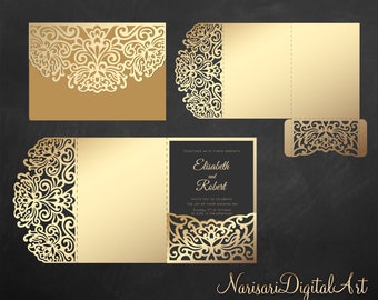 SVG Tri-Fold 5x7 Wedding Invitation Pocket Envelope Template, Quinceanera card, laser cut file, Silhouette Cameo, Cricut