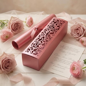 Caja de invitación de boda con pergamino cortado a láser, archivo de corte DXF, CDR, SVG, Silhouette Cameo, Cricut