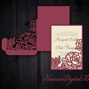 Pfingstrosen Hochzeitseinladung Taschenumschlag 5x7, SVG-Vorlage, Quinceanera-Karte, florale Laser-Cut-Datei, Silhouette Cameo, Cricut
