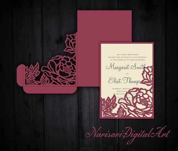 Download Silhouette Cameo Floral Lace Edgedesign Laser Cut File Tri Fold Peonies 5x7 Wedding Invitation Pocket Envelope Svg Template Cricut Templates Invitations Announcements Deshpandefoundationindia Org
