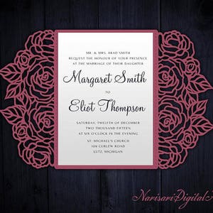 Roses Laser cut Wedding invitation, 5x7 Gate fold Card Template, Quinceanera Invitation, SVG cutting file, Silhouette Cameo, Cricut