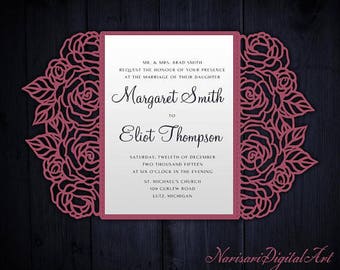 Invitación de boda cortada con láser de rosas, plantilla de tarjeta plegable de puerta 5x7, invitación de quinceañera, archivo de corte SVG, Silhouette Cameo, Cricut