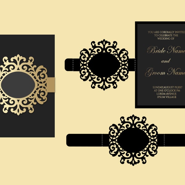 SVG Ornamental Belly band Wedding Invitation. Laser cut template, Wrap / border, 5x7'' pdf, png, dxf silhouette cameo, cricut cutting files