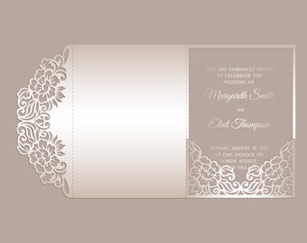 Tri Fold 5x7 Wedding Invitation Pocket Envelope SVG Template, Floral lace edge design, laser cut file, Silhouette Cameo, Cricut