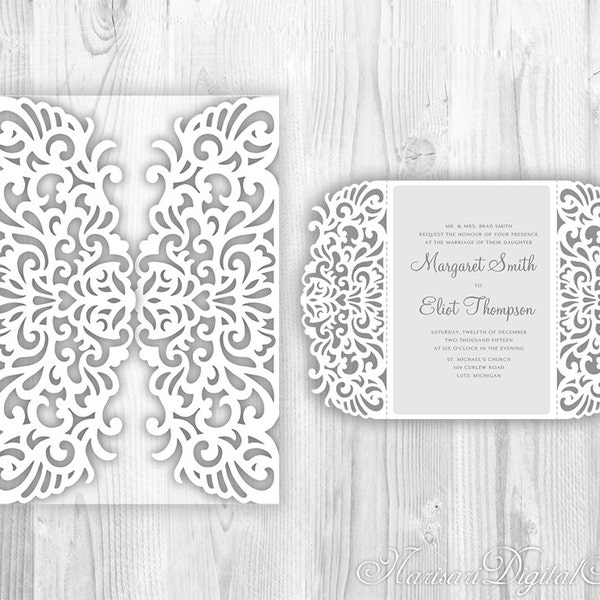 Intricate Wedding Invitation Laser Cut Pattern Card Template, Gate Fold Lace Card Mockup, SVG DXF Cutting File, Silhouette Cameo, Cricut
