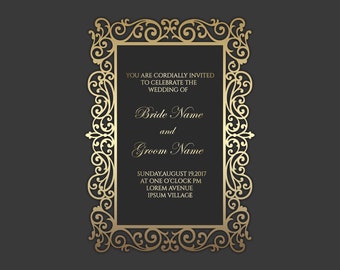 Modèle de cadre de carte d’invitation de mariage découpé au laser ornemental 5x7 Fichiers vectoriels DXF SVG PLT, pour Silhouette Cameo, fichiers de découpe Cricut