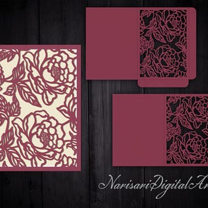 Pfingstrosen-Taschenumschlag/halbgefaltete Karte – florale Hochzeitseinladung SVG-Vorlage, Laser-Cut-Design, Silhouette Cameo, Cricut
