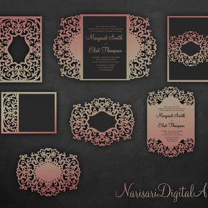 Laser cut wedding invitations Set, Flourish Cricut Templates, Gate Fold, Pocket Envelope frame, Bellyband, SVG, DXF, Silhouette Cameo