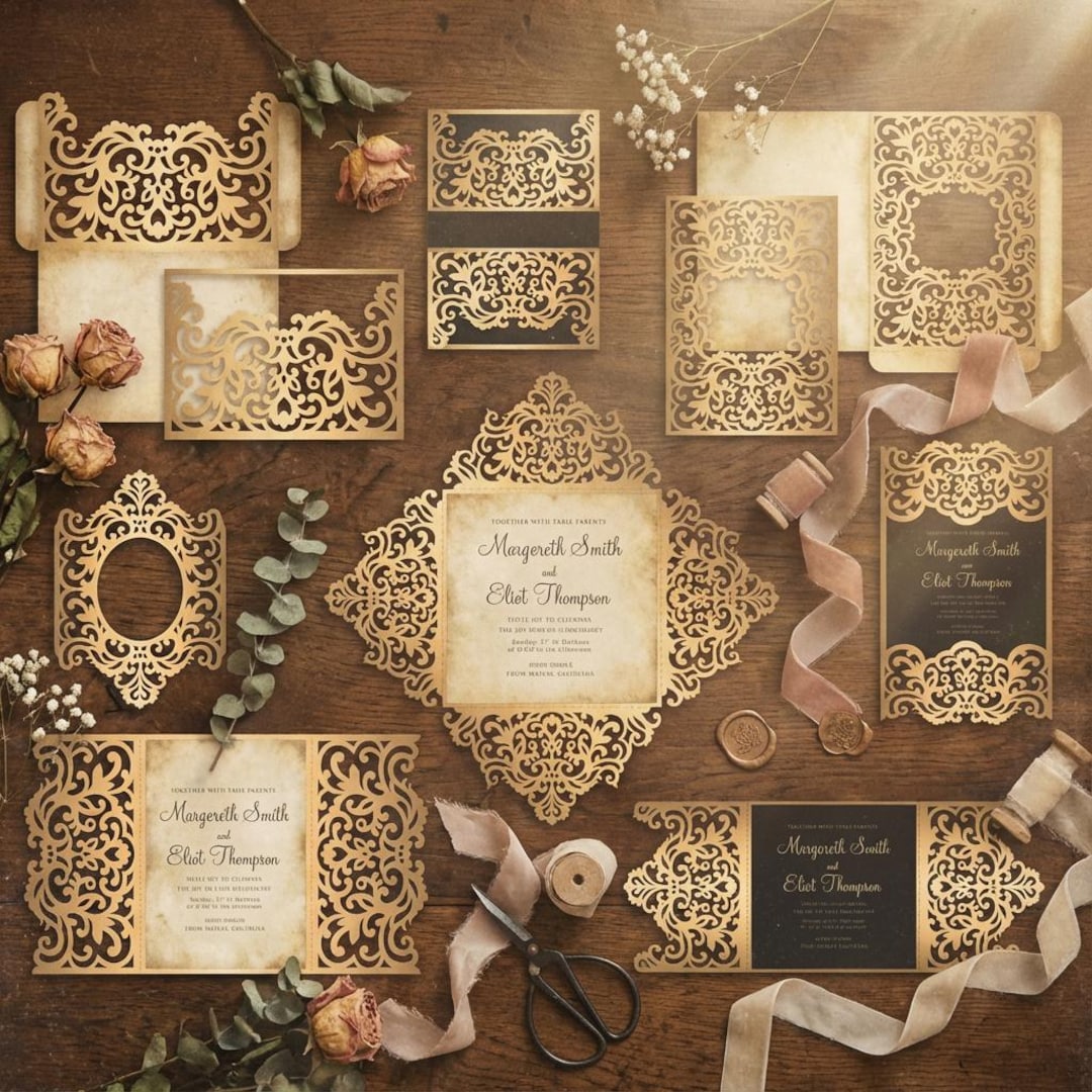 Set Laser Cut Wedding Invitation Templates Gate Fold Card / Envelope Frame  / Belly Band. SVG, DXF Cutting Files, Silhouette Cameo, Cricut - Etsy, image size:1080x1080