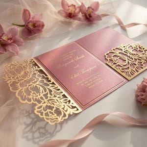 Plantilla SVG de sobre de bolsillo para invitación de boda de 5 x 7 con peonías tríptico cortadas con láser, tarjeta de quinceañera, Silhouette Cameo, archivos de corte Cricut