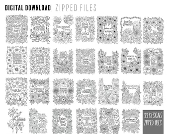 May include: A digital download of 33 black and white floral designs with inspirational quotes. Each design features a rectangular frame of flowers surrounding a quote such as "Be good" or "Choose love over fear". The words "Digital Download" and "Zipped Files" are at the top.