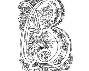 instant digital download - coloring page for adults and children - letter B with flower designs