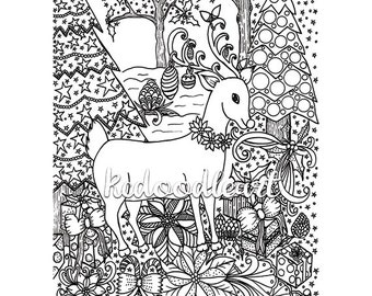 Instant digital download - christmas coloring page - Christmas scene, reindeer doodle