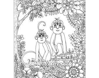 instant digital download - adult coloring page - monkeys