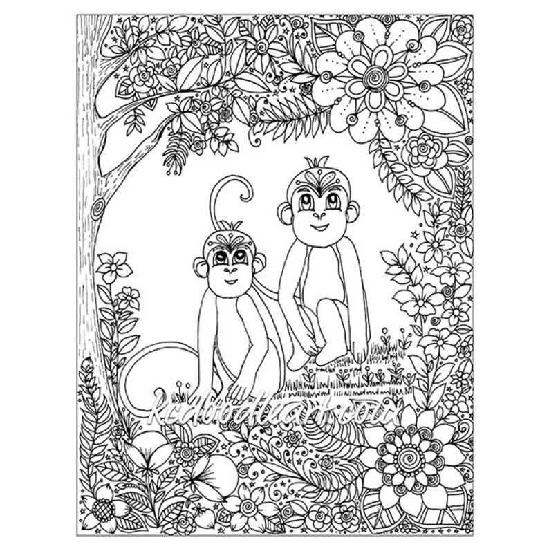 Download Instant digital download adult coloring page monkeys | Etsy
