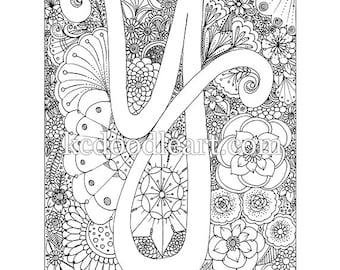 instant digital download, letter Y, adult coloring page