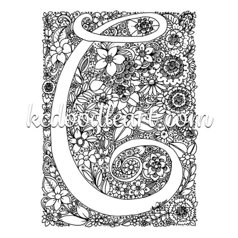 Instant digital download adult coloring page letter C with | Etsy