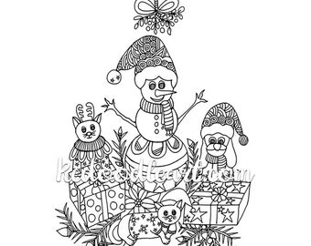 Instant Digital Download - Christmas Coloring Page - Cat, Snowman, Dog