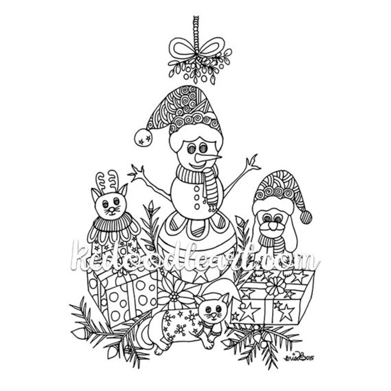 Instant Digital Download Christmas Coloring Page Cat, Snowman, Dog image 1