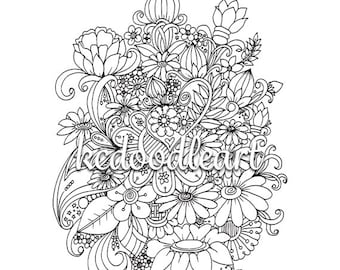 Digital download, Printable coloring page for Adults and Children, Flower Doodles