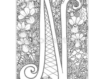 Instant Digital Download - adult coloring page - letter N