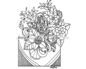 Instant digital download, coloring page, flowers in a vase